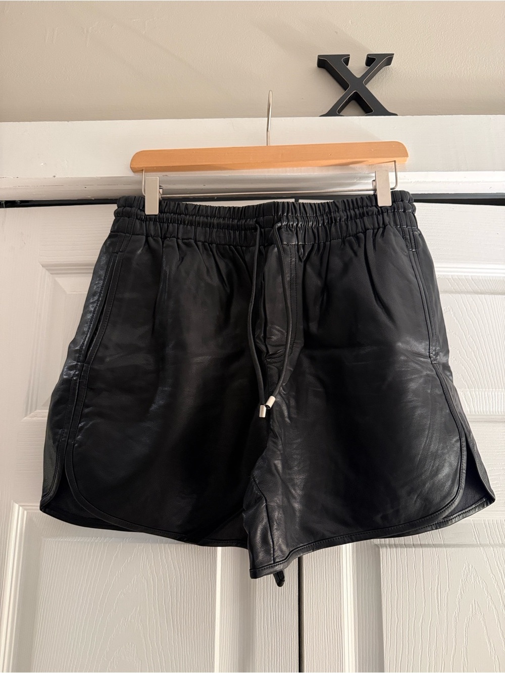Womens Black Faux Leather Athletic Drawstring Shorts